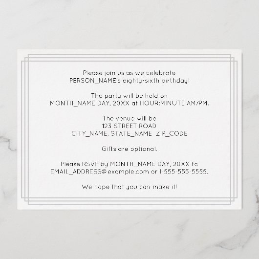 86e verjaardag — Art Deco Style "86" + Naam Folie Uitnodiging (Achterkant)