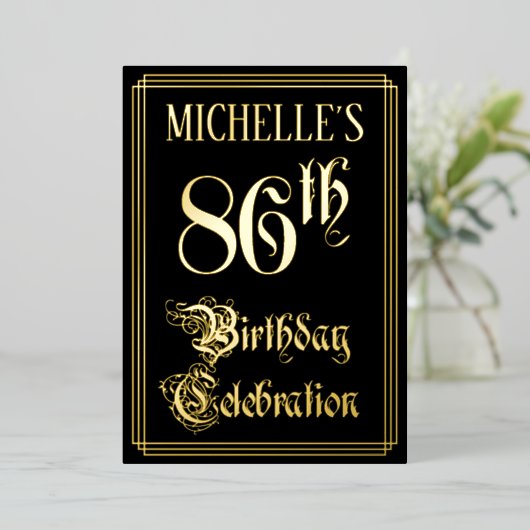 86e verjaardag — Fancy script en aangepaste naam Folie Uitnodiging (Staand Voorkant)