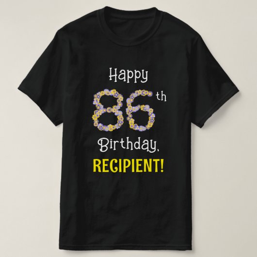 86e verjaardag: Floral Flowers Number "86" + naam T-shirt (Design voorkant)