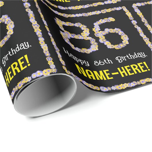 86e verjaardag: Floral Flowers Number, Custom Name Cadeaupapier (Rol Hoek)