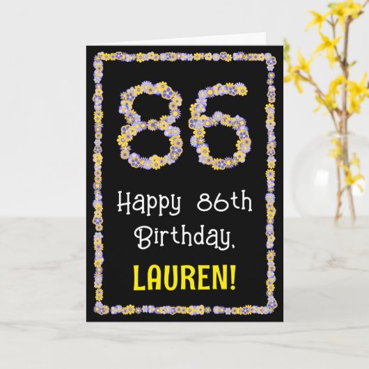 86e verjaardag: Floral Flowers Number, Custom Name Kaart (Gele Bloem)