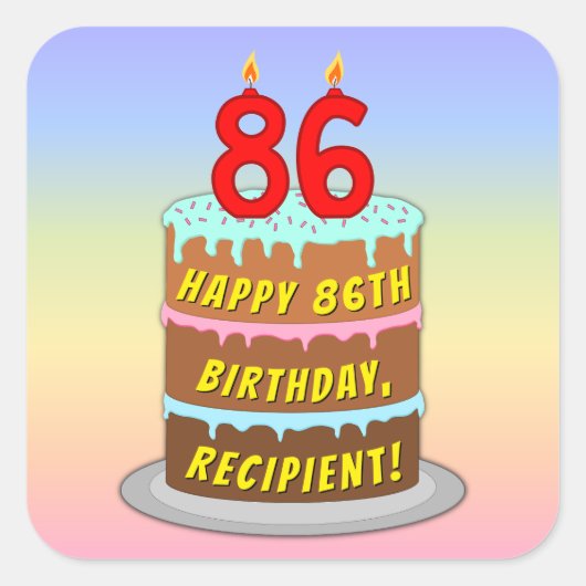 86e verjaardag: Fun Cake and Candles + Custom Name Vierkante Sticker (Voorkant)