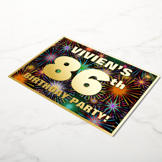 86e verjaardag — Fun, kleurrijke Fireworks-look Folie Uitnodiging (Gedraaid)