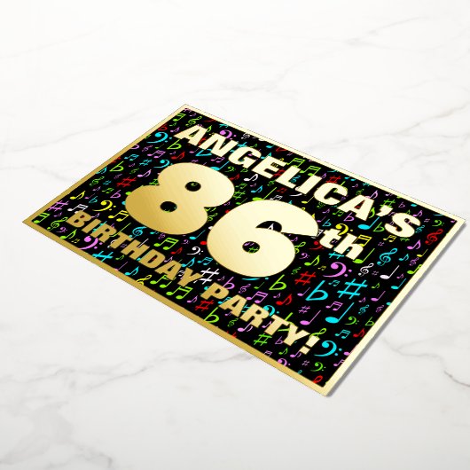 86e verjaardag — Fun, kleurrijke muzieksymbolen Folie Uitnodiging (Gedraaid)
