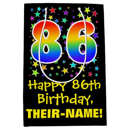 86e verjaardag: kleurrijk sterrenpatroon en regenb medium cadeauzakje (Voorkant)