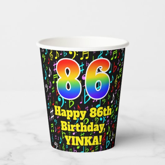 86e Verjaardag: Leuk Muzieknoten Patroon, Regenboo Papieren Bekers (Achterkant)