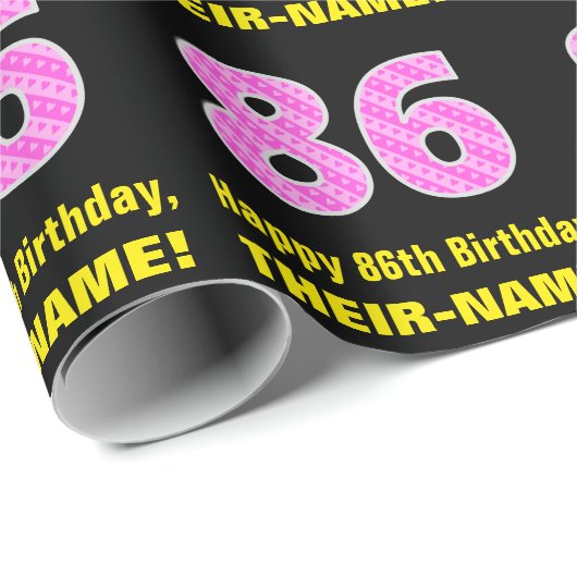 86e verjaardag: Roze strips en hart "86" + naam Cadeaupapier (Rol Hoek)