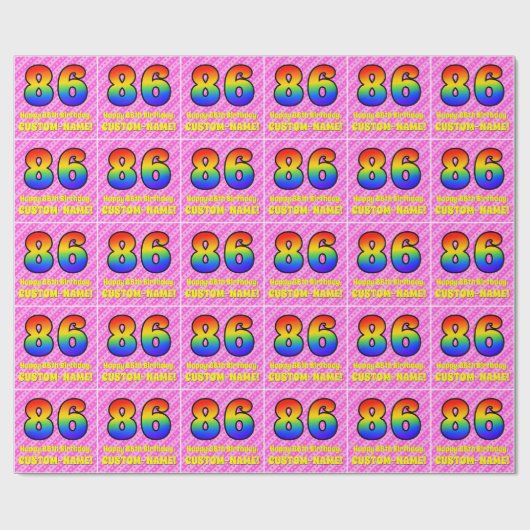 86e verjaardag: roze strips & harten, regenboognr. cadeaupapier (Vlak)