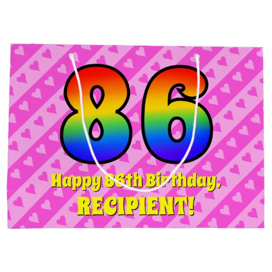 86e verjaardag: roze strips & harten, regenboognr. groot cadeauzakje (Achterkant)