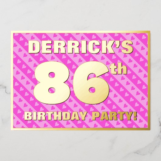 86e verjaardag — vuurroze harten en strips folie uitnodiging (Voorkant)
