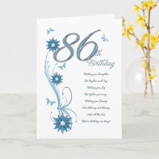 86ste verjaardag in wintertaling met bloemen en kaart (Gele Bloem)