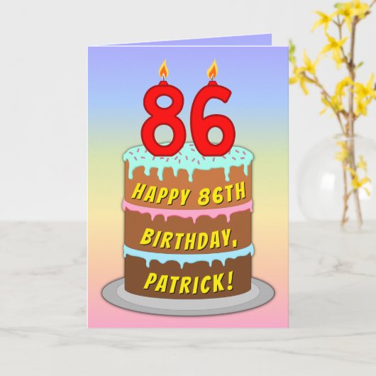 86th Birthday — Fun Cake & Candles, w/Custom Name Kaart (Gele Bloem)
