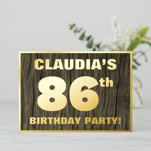 86th Birthday Party: Bold, Faux Wood Grain Pattern Folie Uitnodiging (Staand Voorkant)
