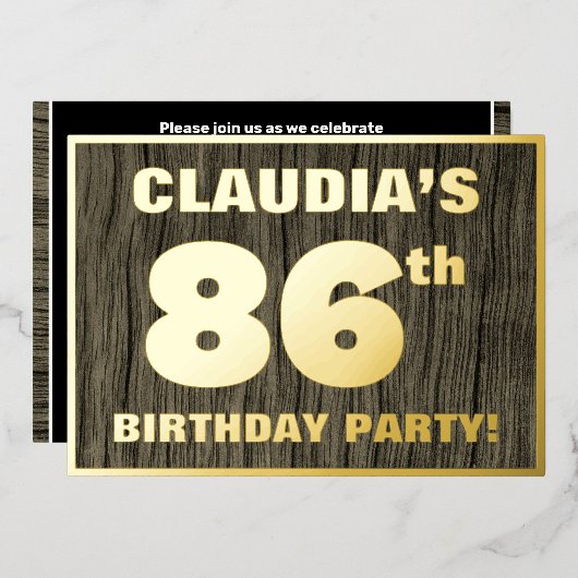 86th Birthday Party: Bold, Faux Wood Grain Pattern Folie Uitnodiging (Voorkant / Achterkant)