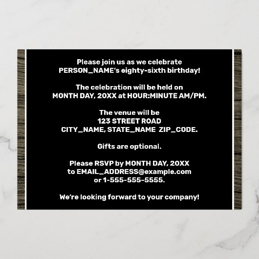 86th Birthday Party: Bold, Faux Wood Grain Pattern Folie Uitnodiging (Achterkant)