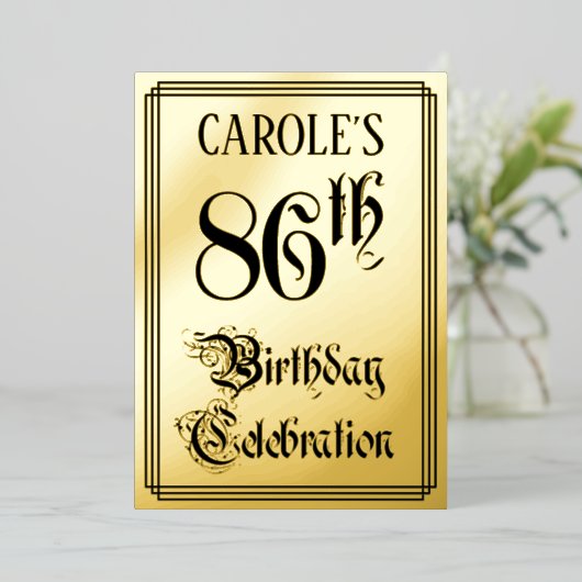 86th Birthday Party — Elegant Script + aangepaste Folie Uitnodiging (Staand Voorkant)