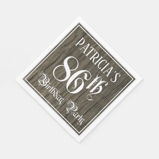 86th Birthday Party — Fancy Script, Faux Wood Look Servet (Hoek)