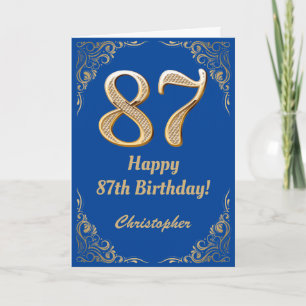 87e Birthday Blue en Gold Glitter Lijst Kaart