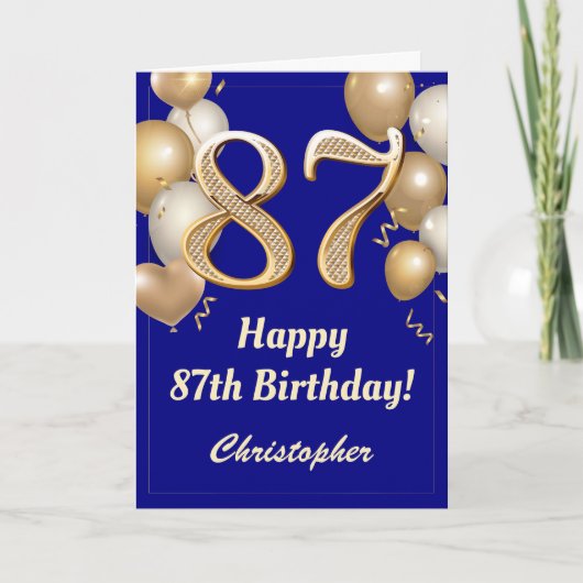 87e Birthday Navy Blue en Gold Balloons Confetti Kaart (Voorkant)