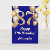 87e Birthday Navy Blue en Gold Balloons Confetti Kaart (Gele Bloem)