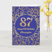 87e Birthday Navy Blue en Gold Floral Pattern Kaart (Gele Bloem)