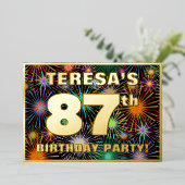 87e Birthday Party — Fun, kleurrijke Fireworks loo Folie Uitnodiging (Staand Voorkant)