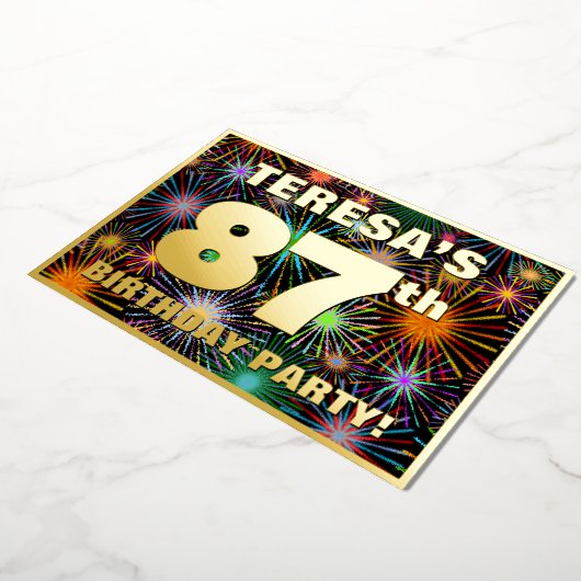 87e Birthday Party — Fun, kleurrijke Fireworks loo Folie Uitnodiging (Gedraaid)