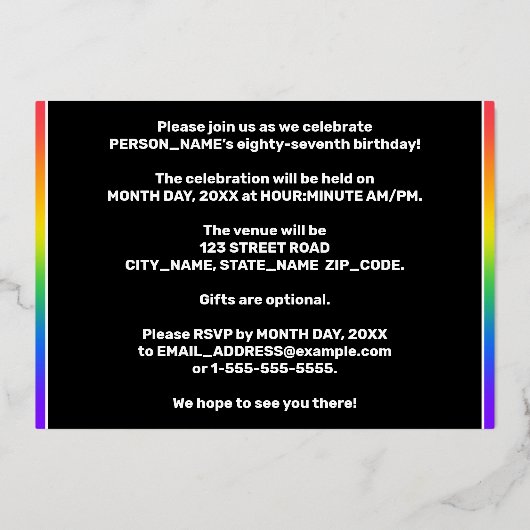 87e Birthday Party — Fun, kleurrijke Fireworks loo Folie Uitnodiging (Achterkant)