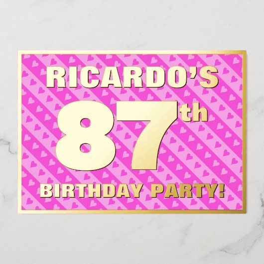 87e Birthday Party — Fun roze harten en stripes Folie Uitnodiging (Voorkant)