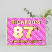 87e Birthday Party — Fun roze harten en stripes Folie Uitnodiging (Staand Voorkant)