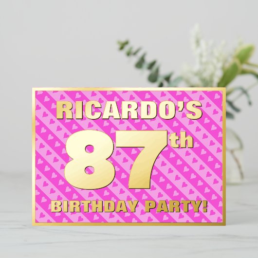 87e Birthday Party — Fun roze harten en stripes Folie Uitnodiging (Staand Voorkant)