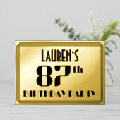 87e verjaardag: Art Deco Kijk "87" en naam Folie Uitnodiging (Staand Voorkant)