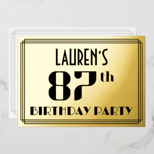 87e verjaardag: Art Deco Kijk "87" en naam Folie Uitnodiging (Voorkant / Achterkant)