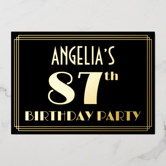 87e verjaardag: Art Deco Kijk "87", met naam Folie Uitnodiging (Voorkant)