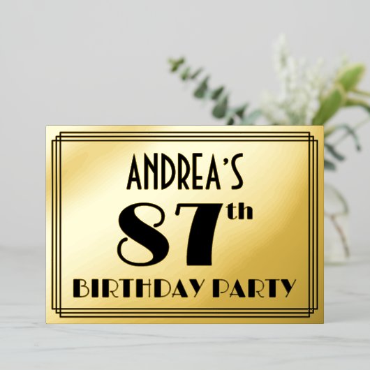 87e verjaardag — Art Deco look "87" + Naam Folie Uitnodiging (Staand Voorkant)