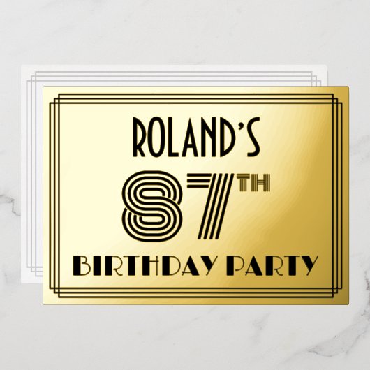 87e verjaardag — Art Deco Style "87" en naam Folie Uitnodiging (Voorkant / Achterkant)