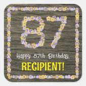 87e verjaardag: Bloemennummer, Faux Wood Look, Naa Vierkante Sticker (Voorkant)