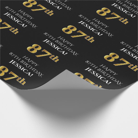 87e verjaardag: Elegant, zwart, Faux Gold look Cadeaupapier (Hoek)