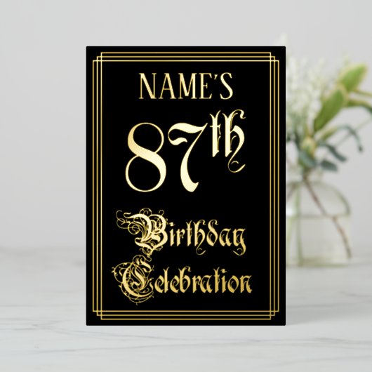 87e verjaardag — Fancy script en aangepaste naam Folie Uitnodiging (Staand Voorkant)