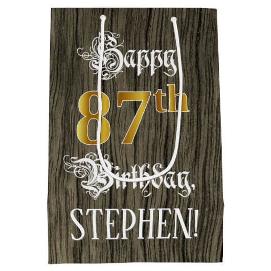 87e verjaardag: Faux Gold look & Faux Wood Pattern Medium Cadeauzakje (Achterkant)