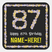 87e verjaardag: Floral Flowers Number, Custom Name Vierkante Sticker (Voorkant)