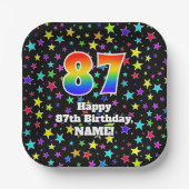 87e verjaardag: Fun Stars Pattern and Rainbow "87" Papieren Bordje (Voorkant)