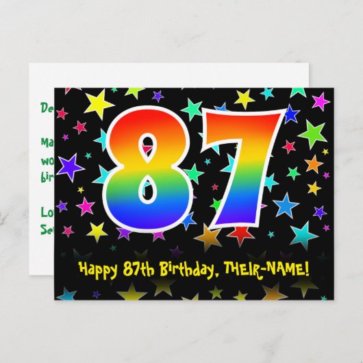 87e verjaardag: Fun Stars Pattern, Rainbow 87, Naa Briefkaart (Voorkant / Achterkant)