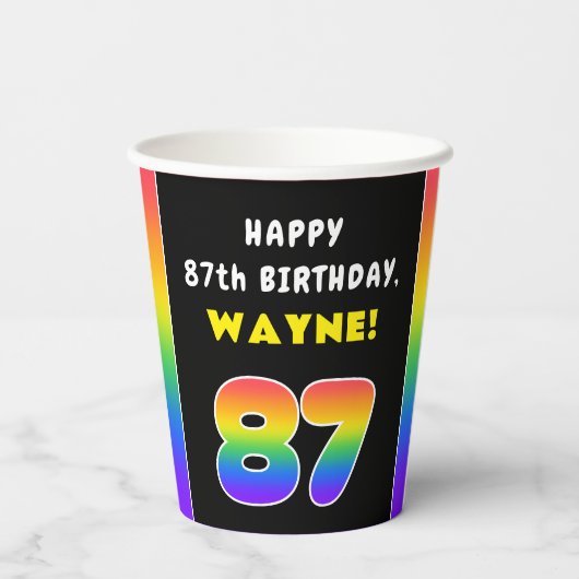 87e verjaardag: kleurrijke regenboog # 87, Naam va Papieren Bekers (Achterkant)