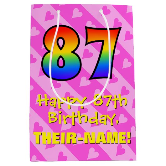 87e verjaardag: Leuke roze harten strepen; Regenbo Medium Cadeauzakje (Voorkant)
