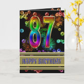 87e verjaardag met regenboogbellen en vuurwerk kaart (Gele Bloem)