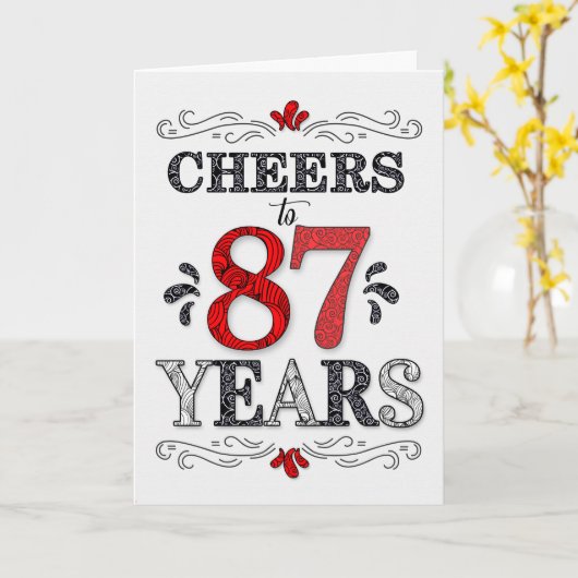 87e verjaardag Proost in rood wit zwart patroon Kaart (Gele Bloem)