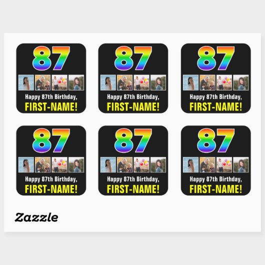 87e verjaardag: Regenboog "87"; Aangepaste foto's  Vierkante Sticker (Vel)