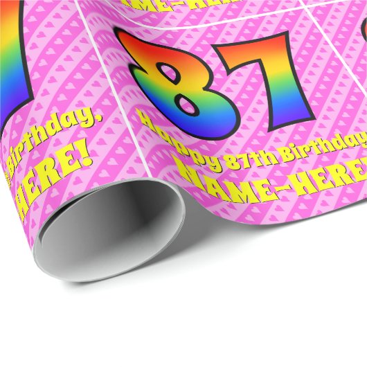 87e verjaardag: Roze strips & harten, regenboognr. Cadeaupapier (Rol Hoek)