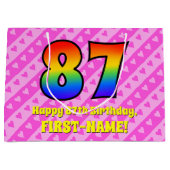 87e verjaardag: Roze strips & harten, regenboognr. Groot Cadeauzakje (Voorkant)